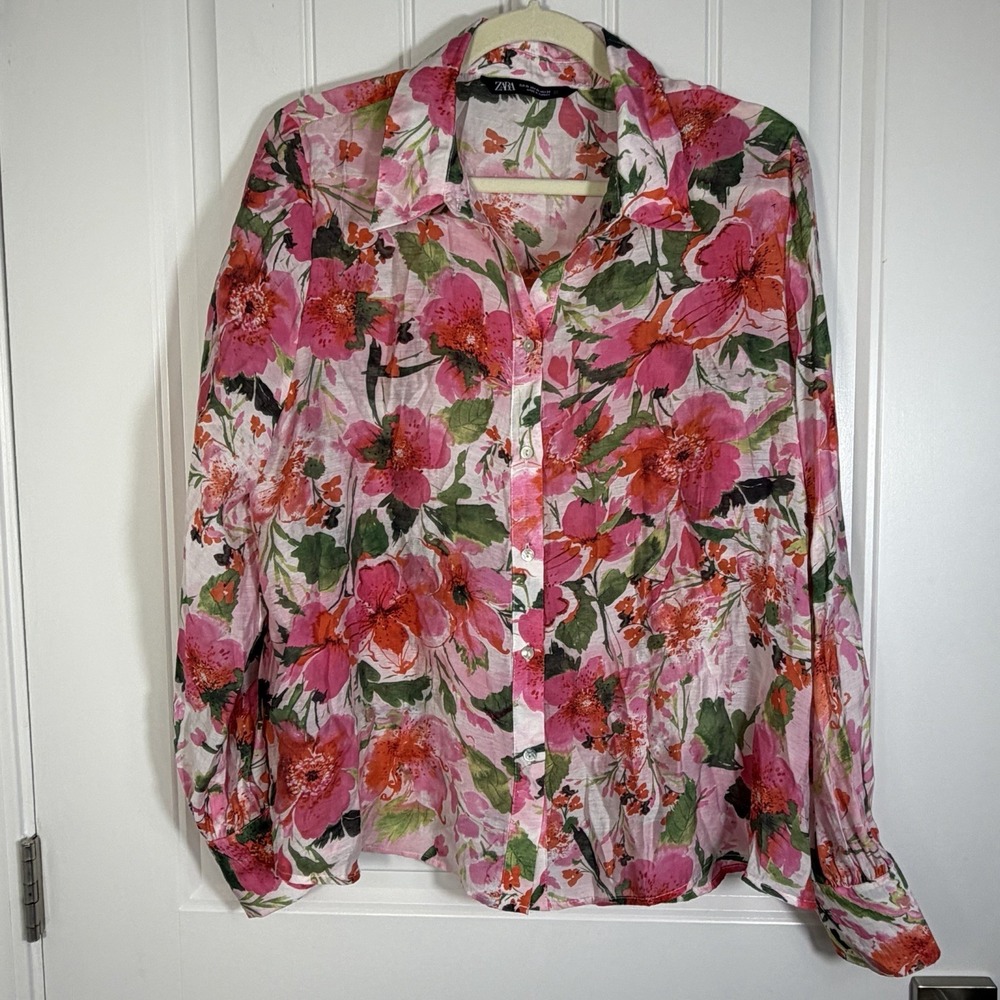 Zara Pink Floral Button Front Long Sleeve Blouse XL Cottagecore
